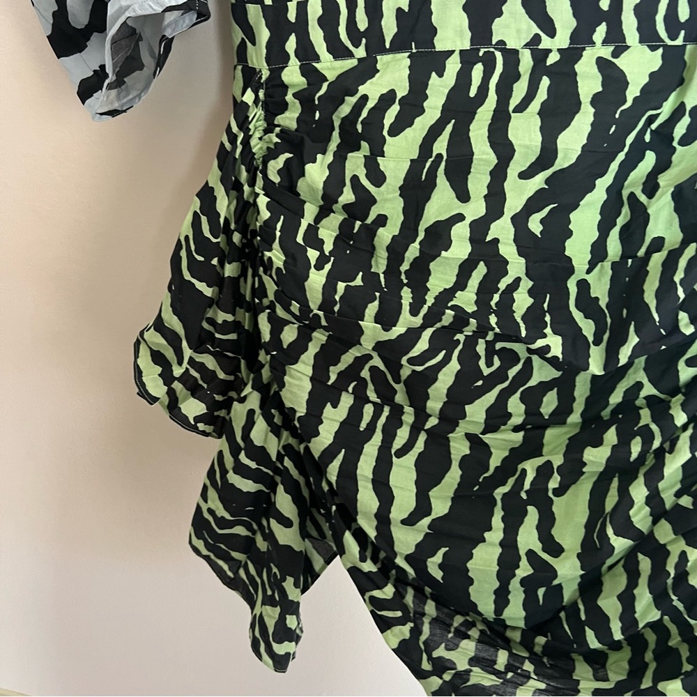 Rhode Pia Tiger Print Color block Wrap Ruched Mini Puff Sleeve Dress - Picture 9 of 13
